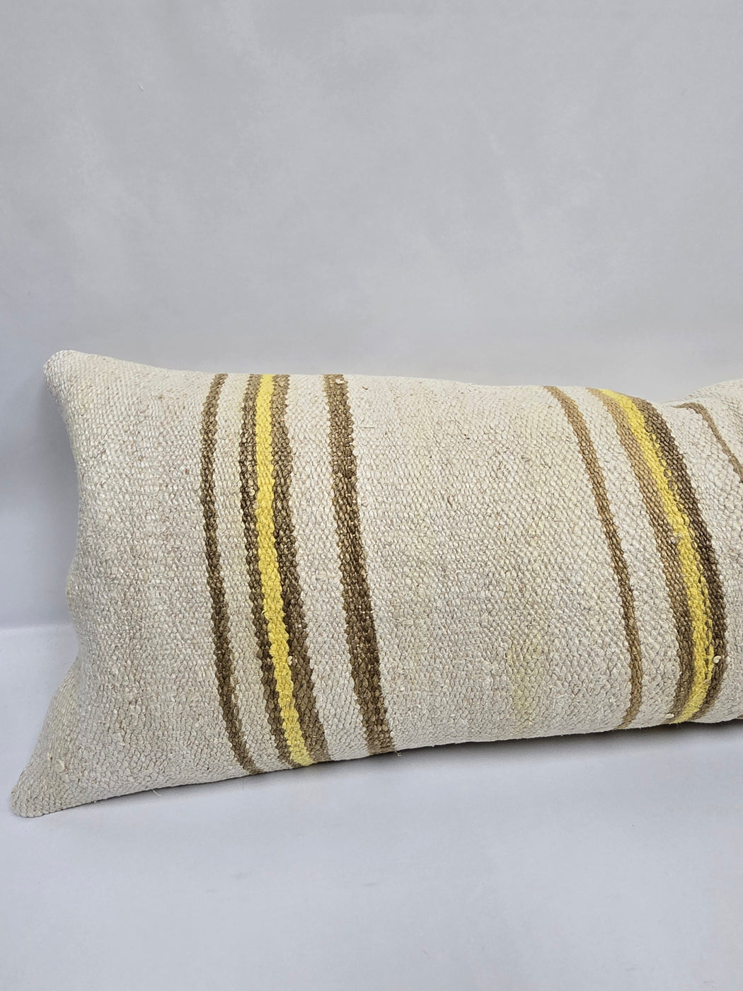 Turkish Lumbar Rug Pillow Beige Brown Yellow Cushion Cover Hemp Pillow 14" x 40" #9414