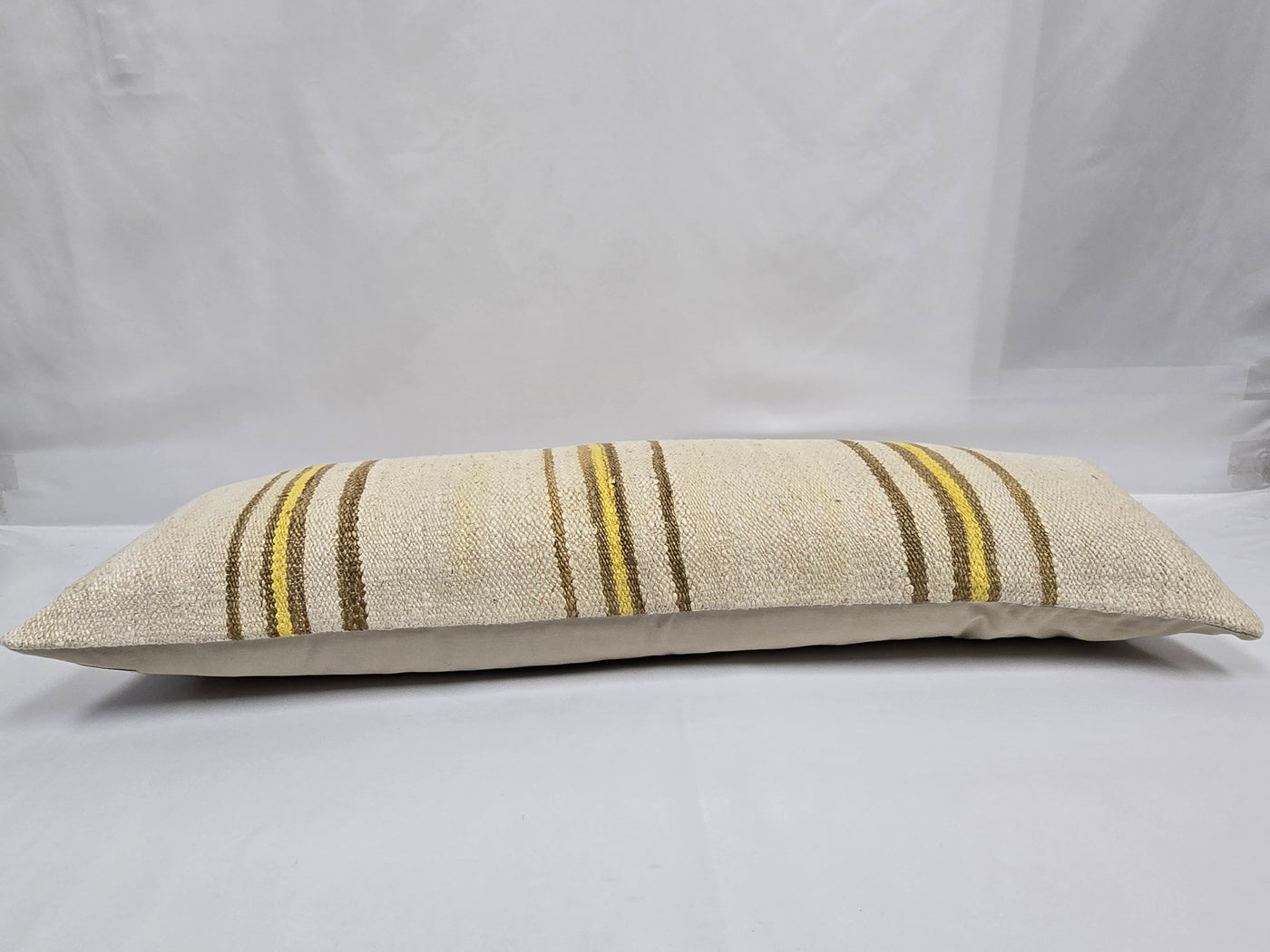 Turkish Lumbar Rug Pillow Beige Brown Yellow Cushion Cover Hemp Pillow 14" x 40" #9414
