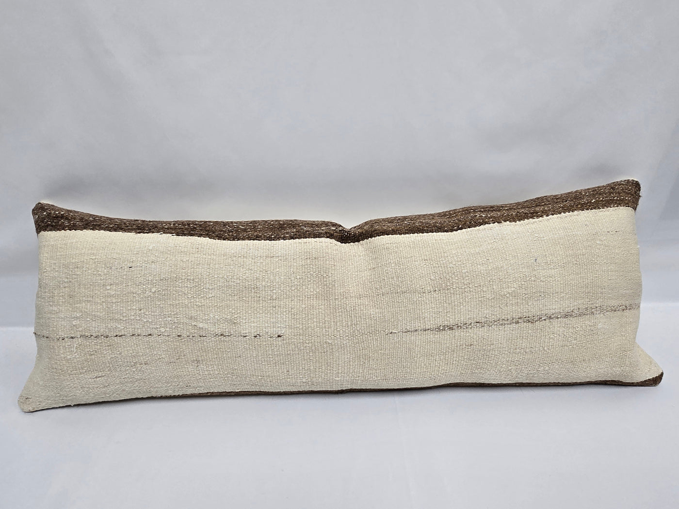 Turkish Lumbar Rug Pillow Cream Brown Cushion Cover Hemp Pillow 14" x 40" #9411