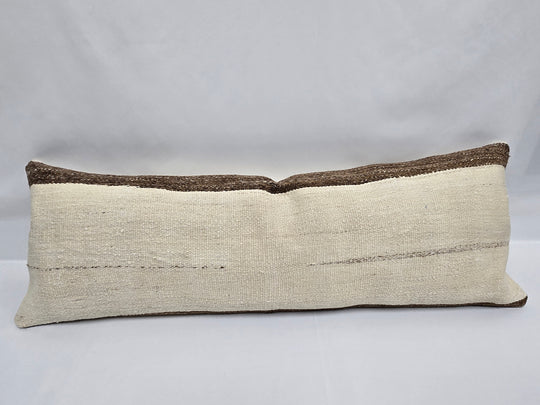 Turkish Lumbar Rug Pillow Cream Brown Cushion Cover Hemp Pillow 14" x 40" #9411