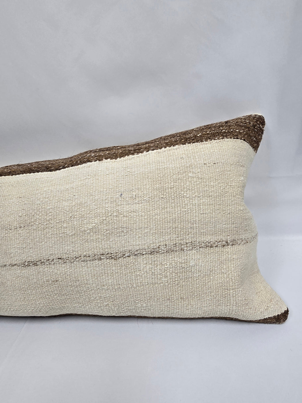 Turkish Lumbar Rug Pillow Cream Brown Cushion Cover Hemp Pillow 14" x 40" #9411