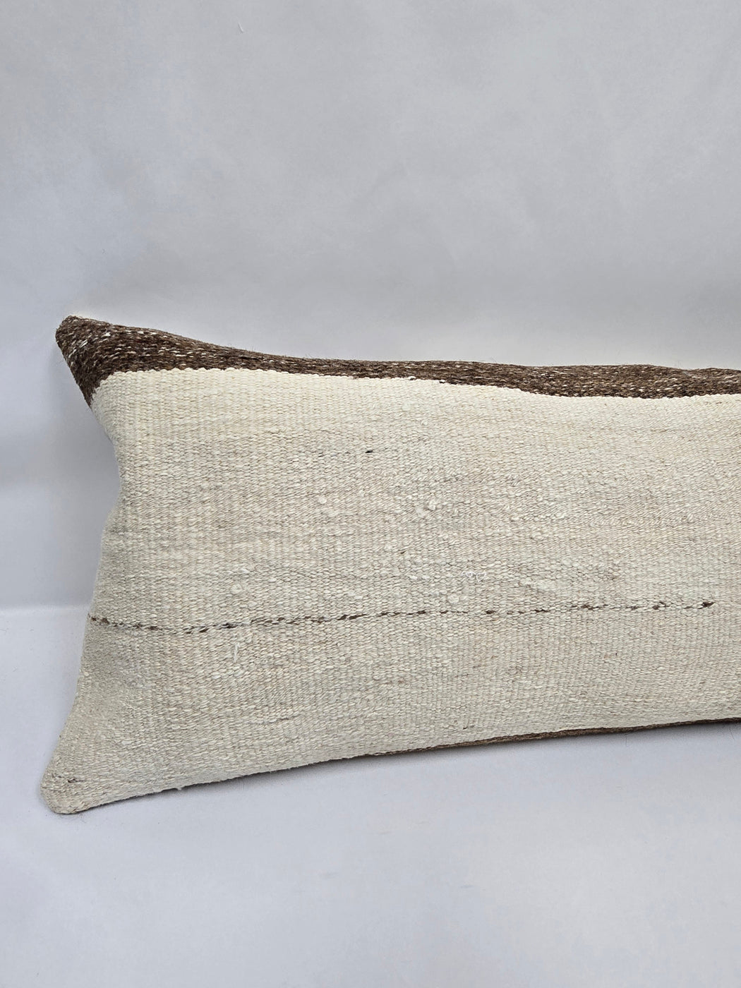 Turkish Lumbar Rug Pillow Cream Brown Cushion Cover Hemp Pillow 14" x 40" #9411