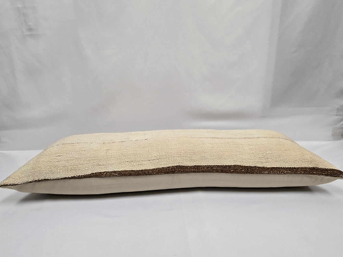 Turkish Lumbar Rug Pillow Cream Brown Cushion Cover Hemp Pillow 14" x 40" #9411
