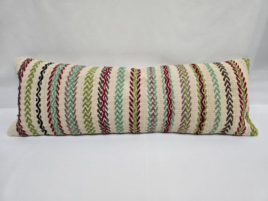 Turkish Lumbar Rug Pillow Beige Red Green Cushion Cover Hemp Pillow 14" x 40" #9410