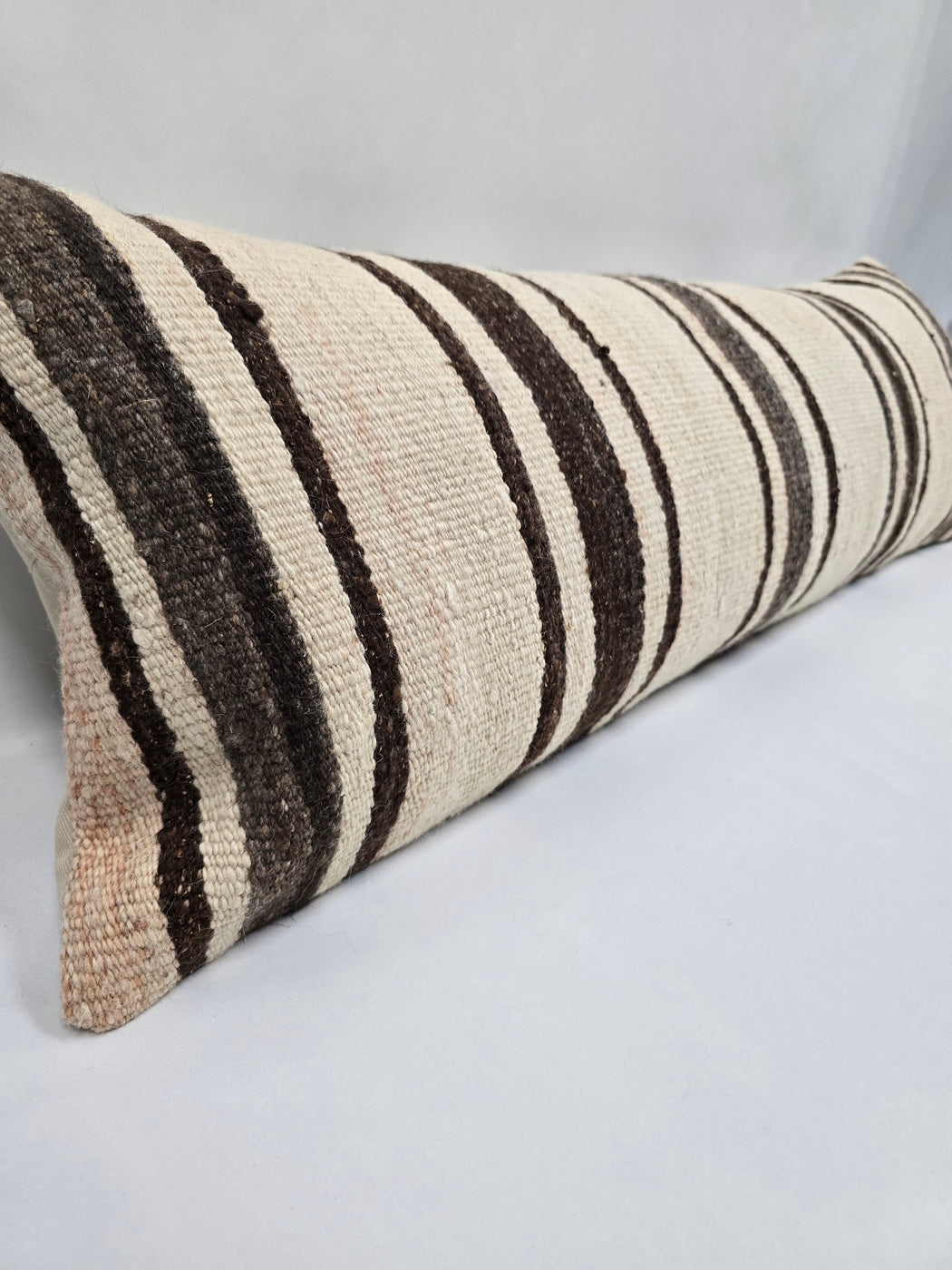 Turkish Lumbar Rug Pillow Beige Brown Cushion Cover Hemp Pillow 14" x 40" #9409