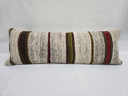 Turkish Lumbar Rug Pillow Beige Brown Green Burgundy Cushion Cover Hemp Pillow 14" x 40" #9408