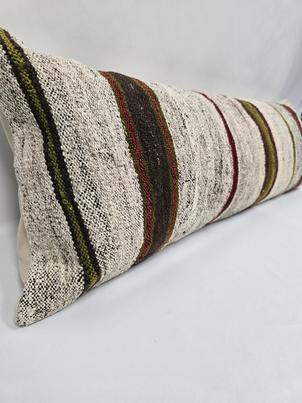 Turkish Lumbar Rug Pillow Beige Brown Green Burgundy Cushion Cover Hemp Pillow 14" x 40" #9408