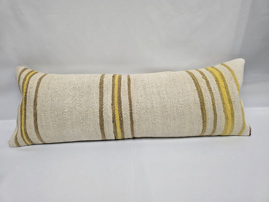 Turkish Lumbar Rug Pillow Beige Yellow Brown Cushion Cover Hemp Pillow 14" x 40" #9407