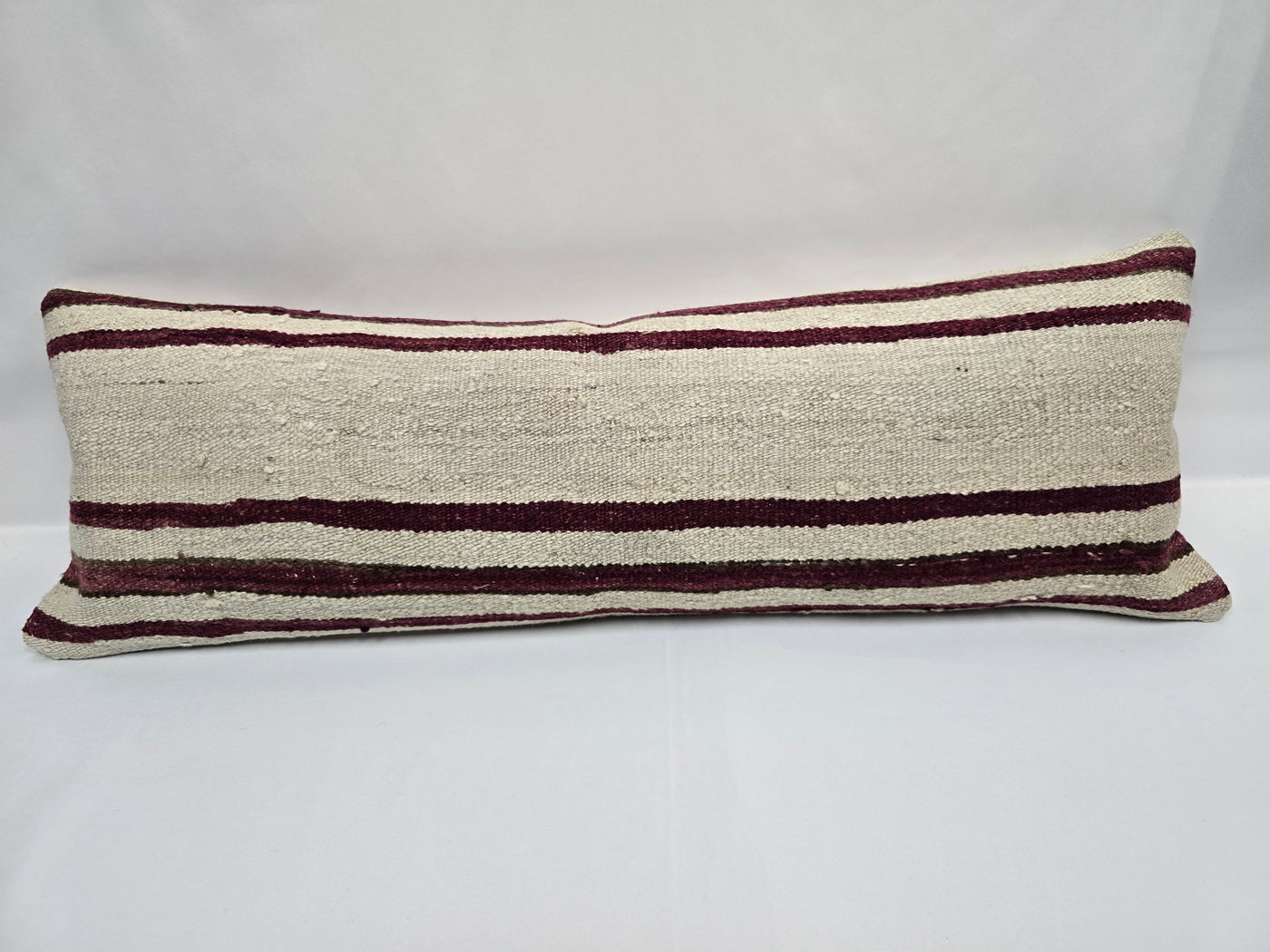 Turkish Lumbar Rug Pillow Beige Burgundy Cushion Cover Hemp Pillow 14" x 40" #9428