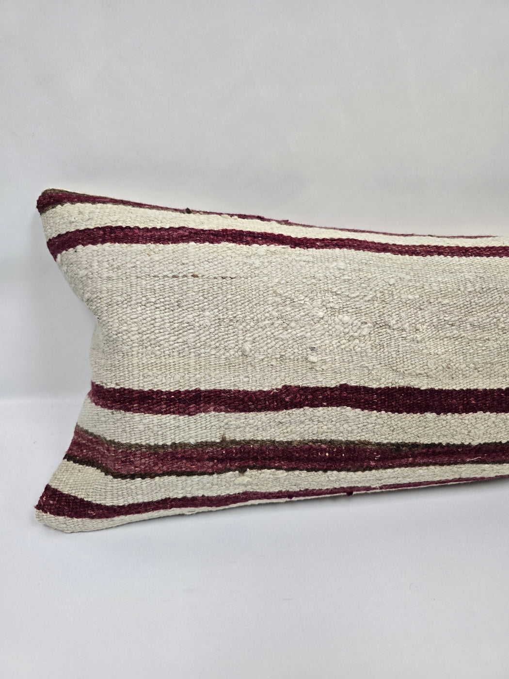 Turkish Lumbar Rug Pillow Beige Burgundy Cushion Cover Hemp Pillow 14" x 40" #9428