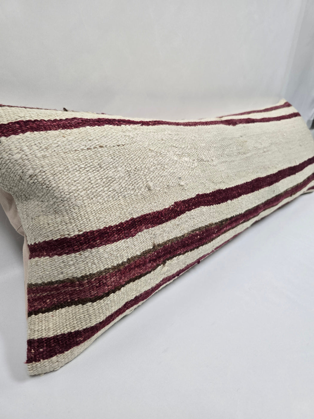 Turkish Lumbar Rug Pillow Beige Burgundy Cushion Cover Hemp Pillow 14" x 40" #9428
