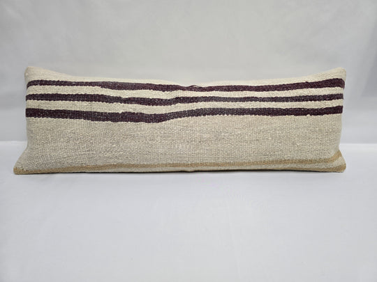 Turkish Lumbar Rug Pillow Beige Purple Cushion Cover Hemp Pillow 14" x 40" #9390
