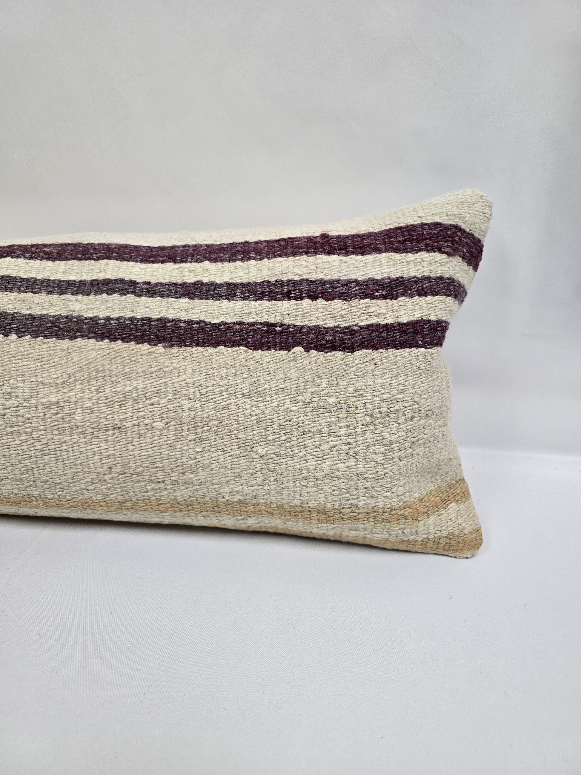 Turkish Lumbar Rug Pillow Beige Purple Cushion Cover Hemp Pillow 14" x 40" #9390