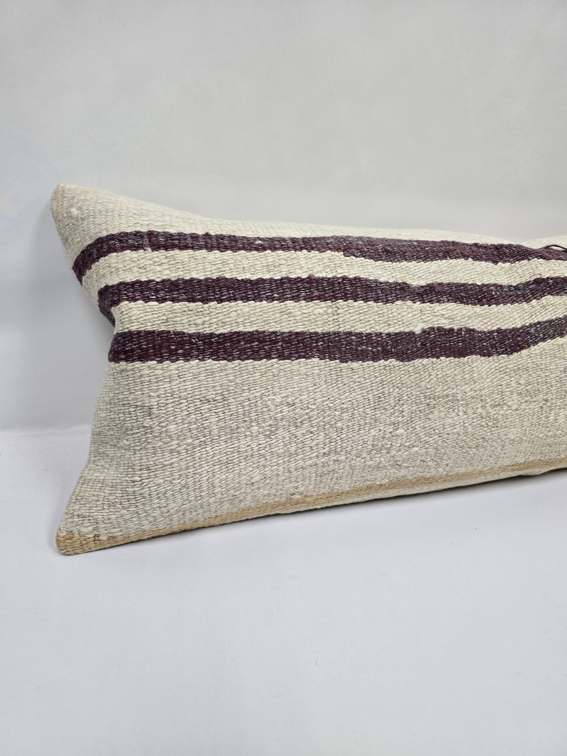 Turkish Lumbar Rug Pillow Beige Purple Cushion Cover Hemp Pillow 14" x 40" #9390