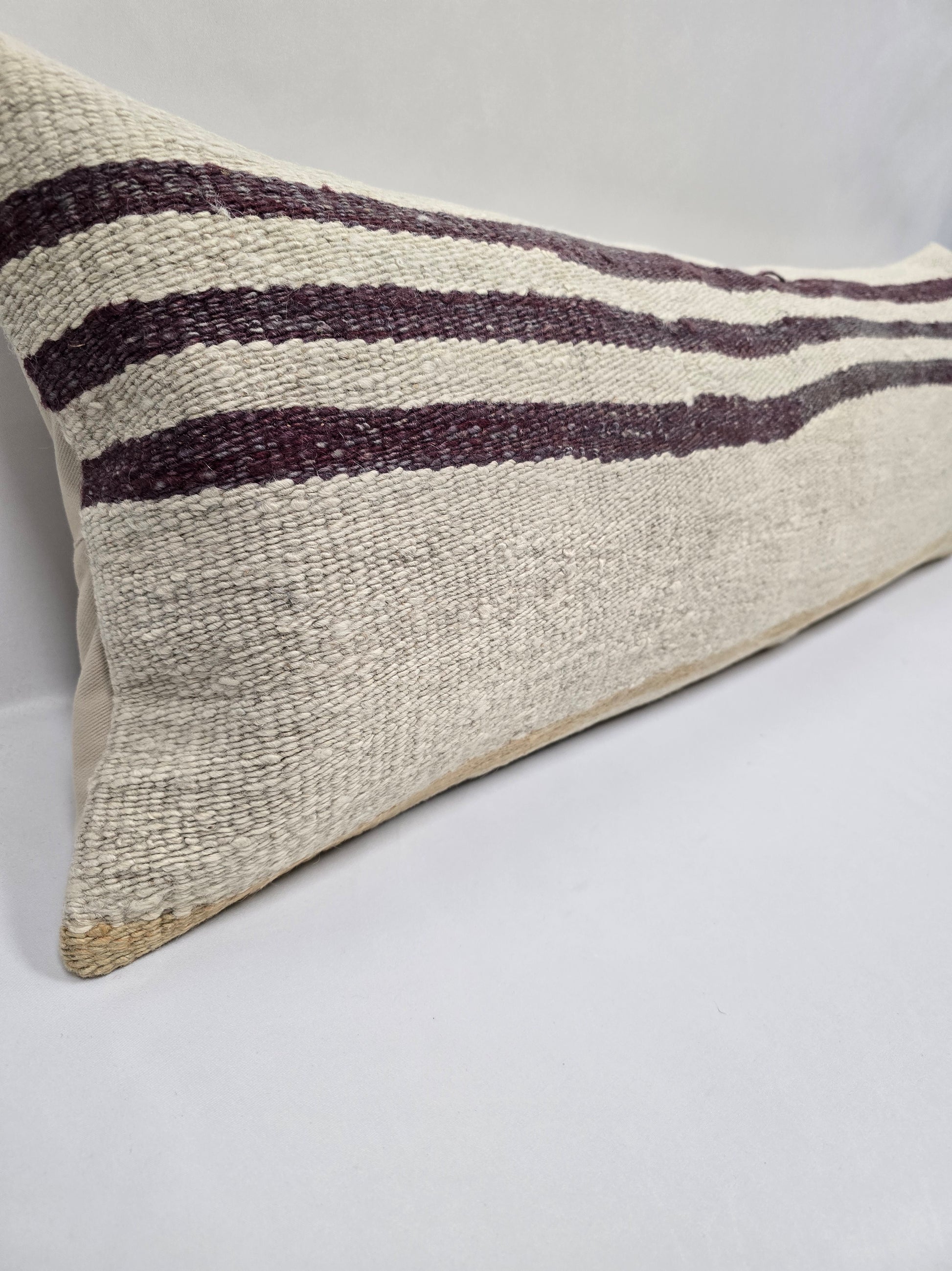 Turkish Lumbar Rug Pillow Beige Purple Cushion Cover Hemp Pillow 14" x 40" #9390