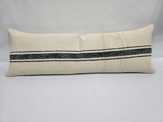 Turkish Lumbar Rug Pillow Beige Black Cushion Cover Hemp Pillow 14" x 40" #9388