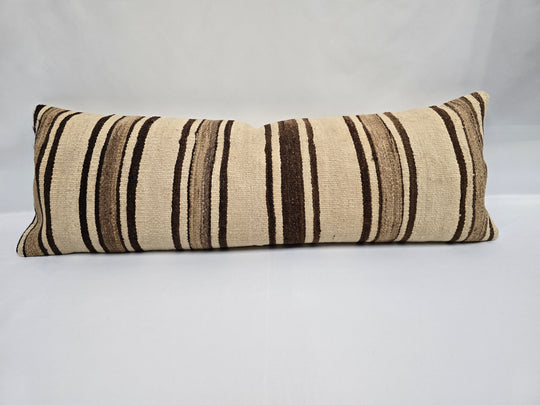 Turkish Lumbar Rug Pillow Beige Brown Cushion Cover Hemp Pillow 14" x 40" #9387