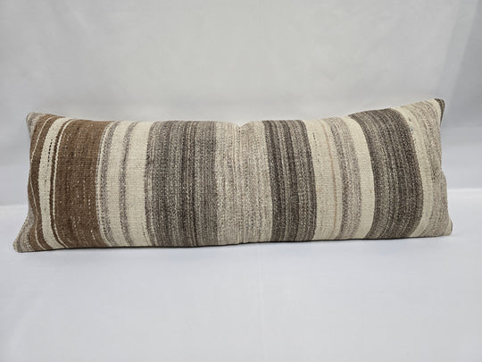 Turkish Lumbar Rug Pillow Beige Brown Gray Cushion Cover Hemp Pillow 14" x 40" #9386