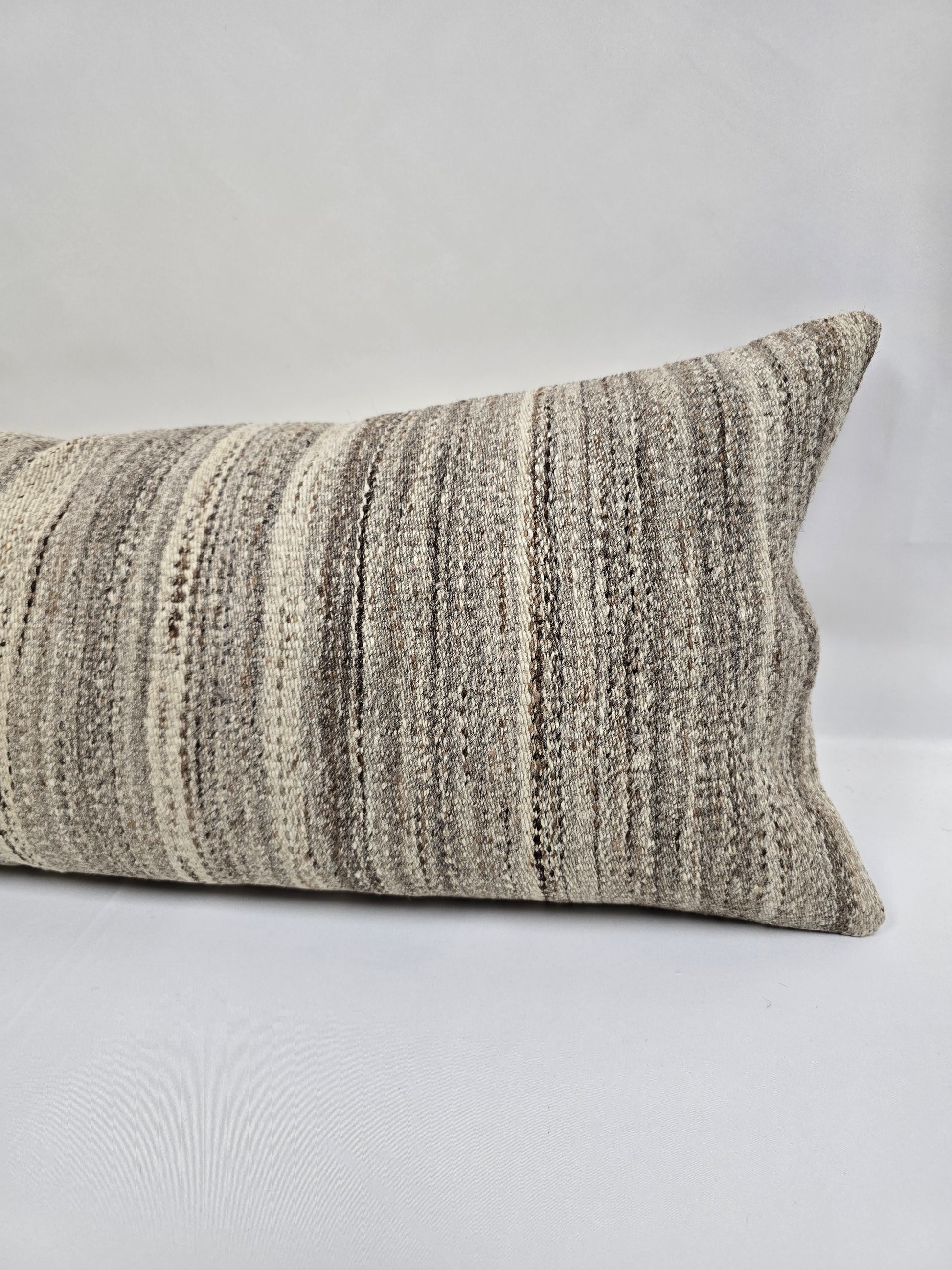 Turkish Lumbar Rug Pillow Beige Brown Cream Cushion Cover Hemp Pillow 14" x 40" #9383