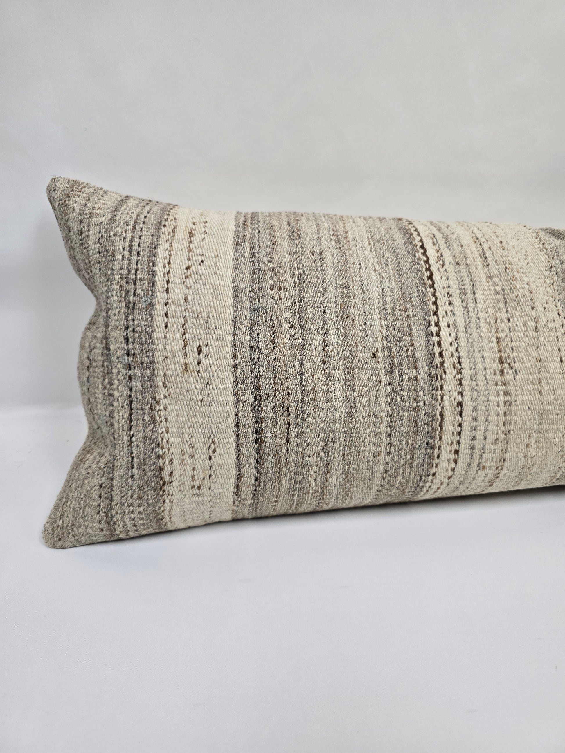 Turkish Lumbar Rug Pillow Beige Brown Cream Cushion Cover Hemp Pillow 14" x 40" #9383