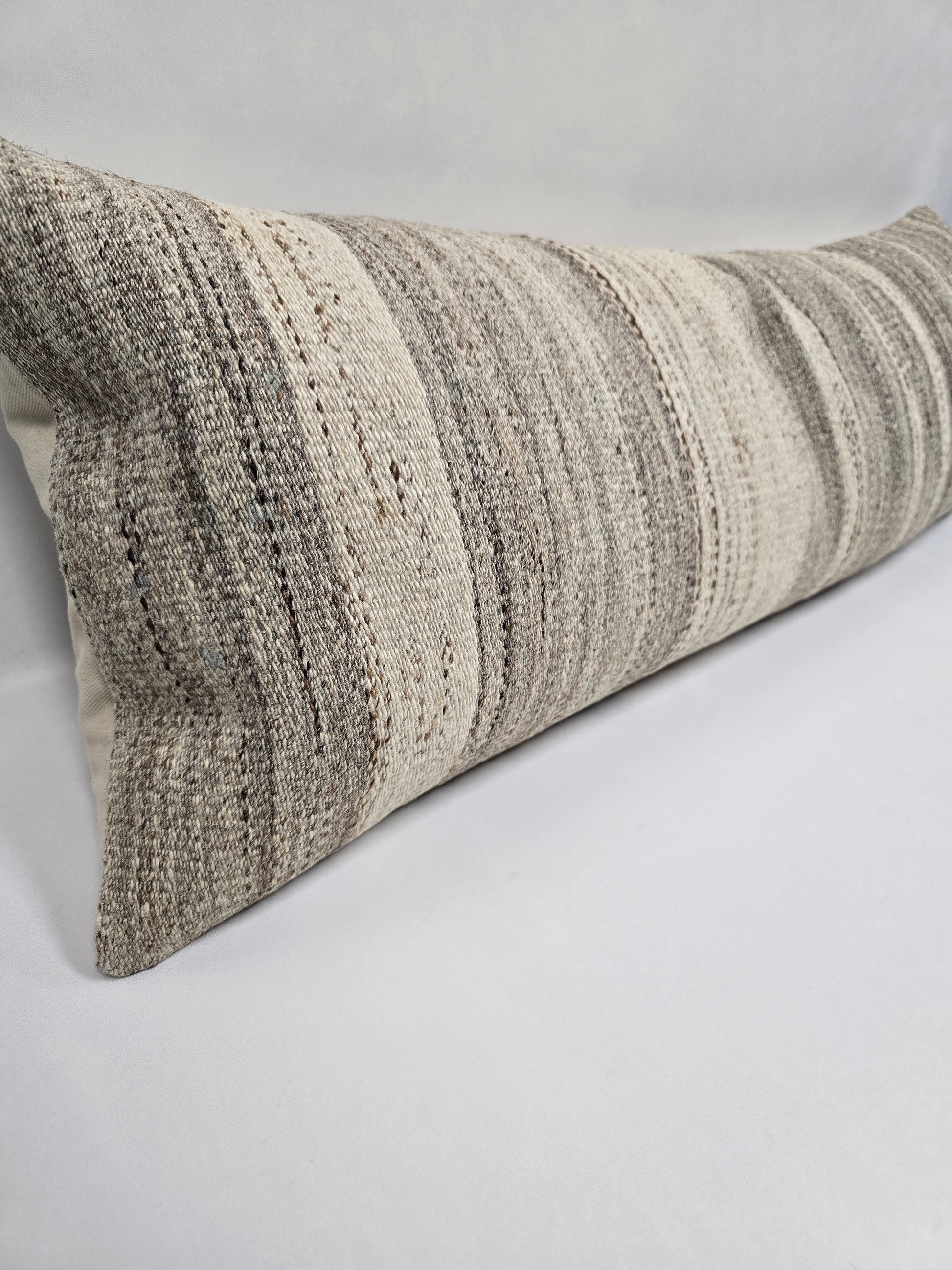 Turkish Lumbar Rug Pillow Beige Brown Cream Cushion Cover Hemp Pillow 14" x 40" #9383