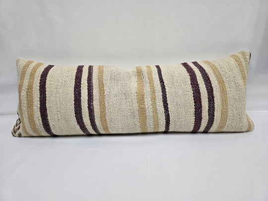 Turkish Lumbar Rug Pillow Cream Purple Cushion Cover Hemp Pillow 14" x 40" #9382