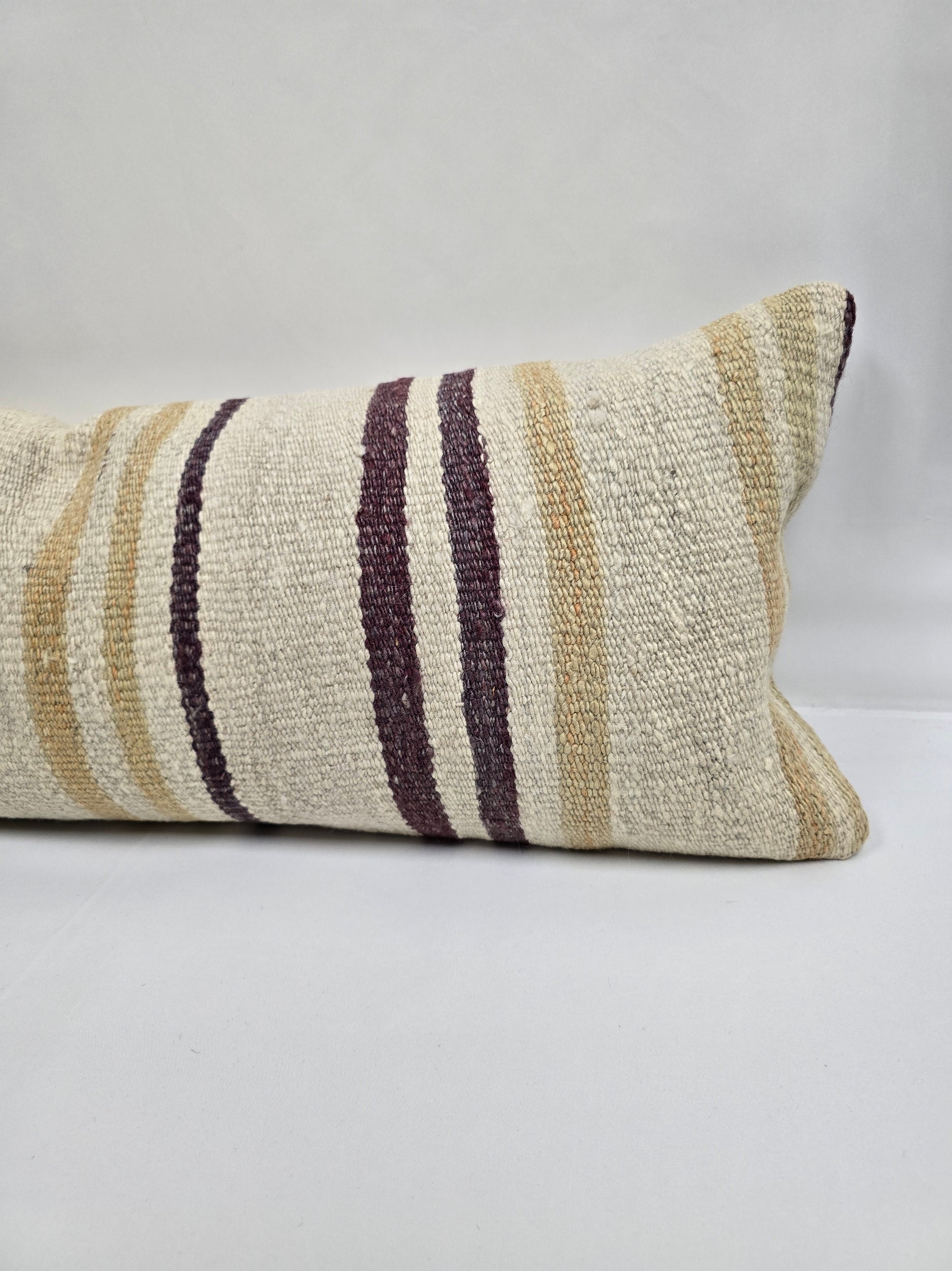 Turkish Lumbar Rug Pillow Cream Purple Cushion Cover Hemp Pillow 14" x 40" #9382