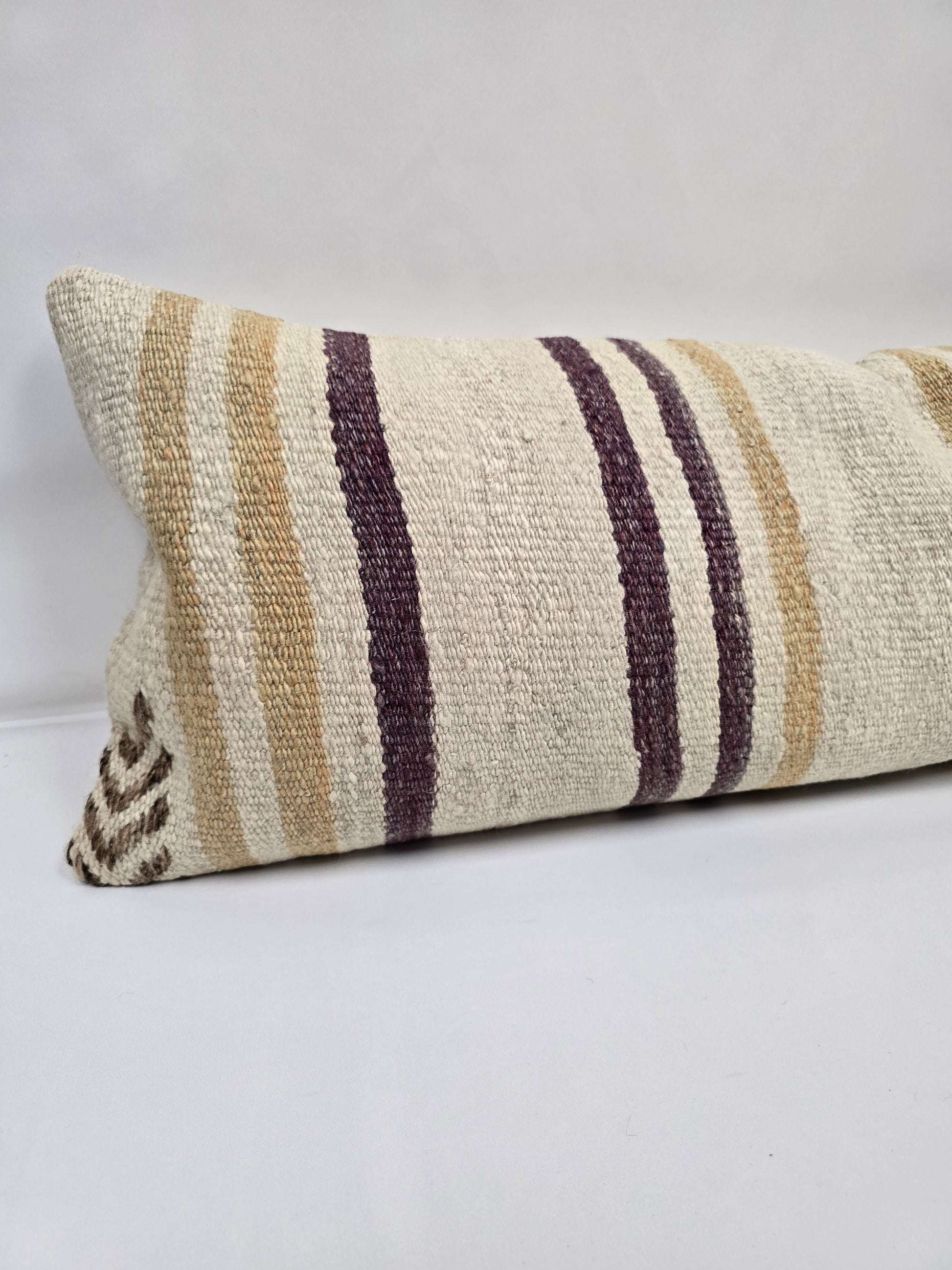 Turkish Lumbar Rug Pillow Cream Purple Cushion Cover Hemp Pillow 14" x 40" #9382