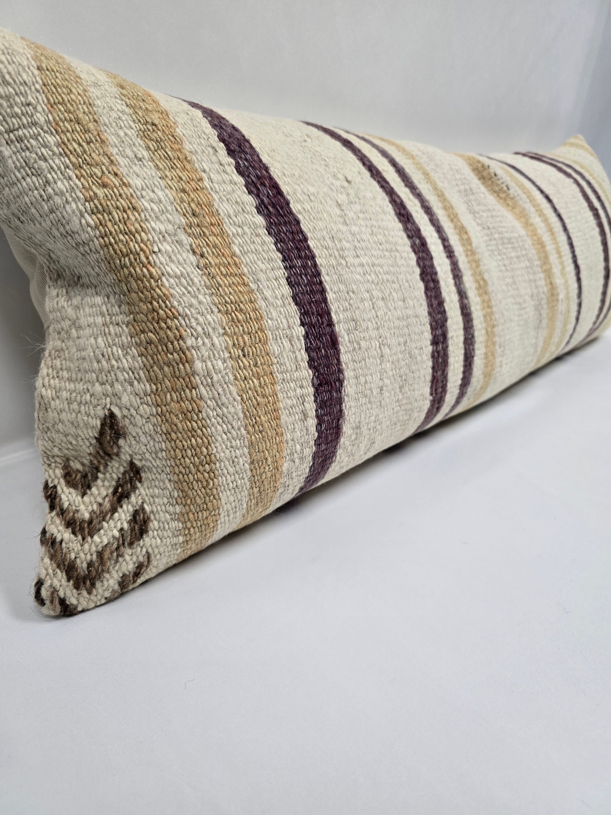Turkish Lumbar Rug Pillow Cream Purple Cushion Cover Hemp Pillow 14" x 40" #9382