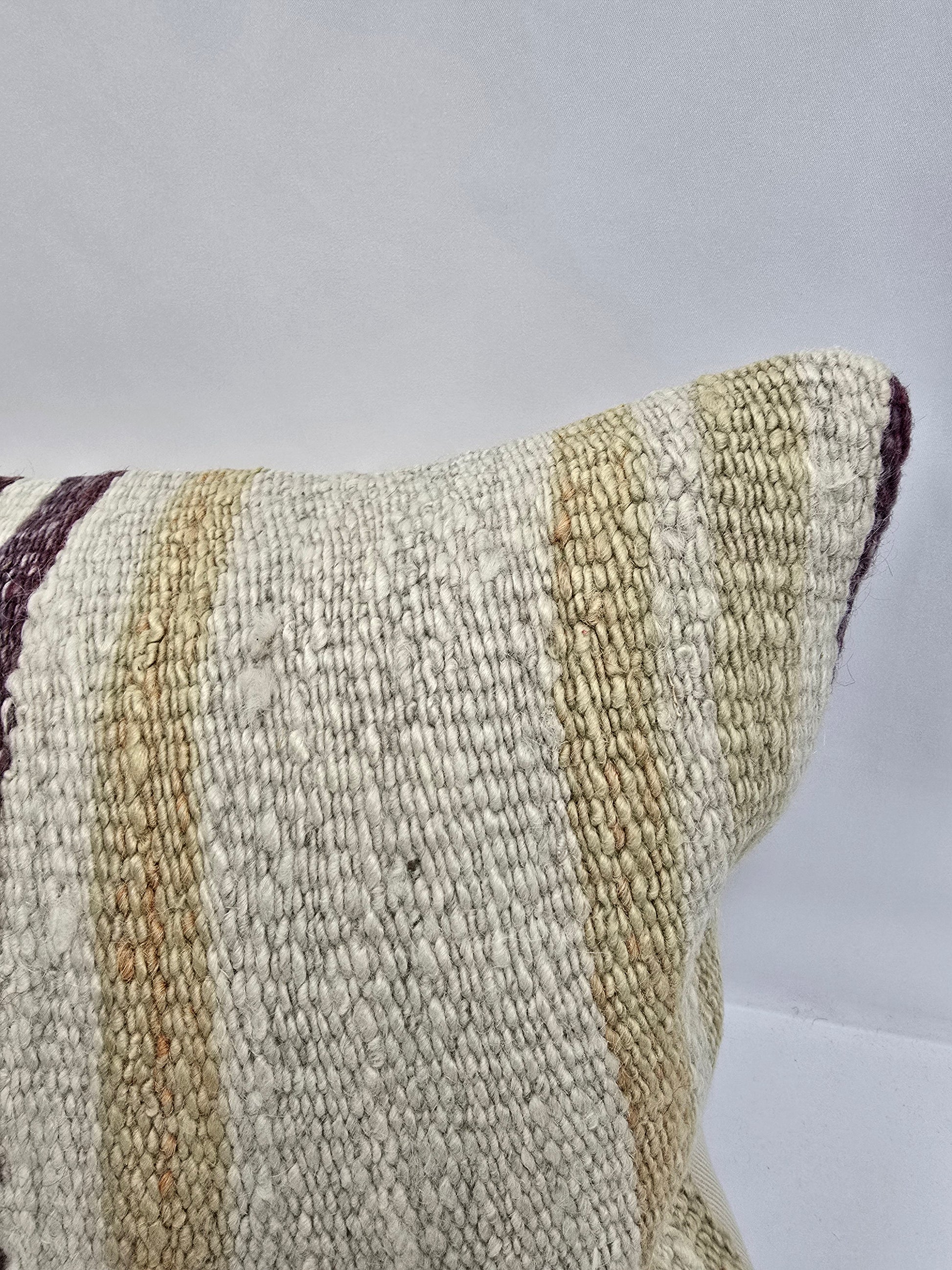 Turkish Lumbar Rug Pillow Cream Purple Cushion Cover Hemp Pillow 14" x 40" #9382