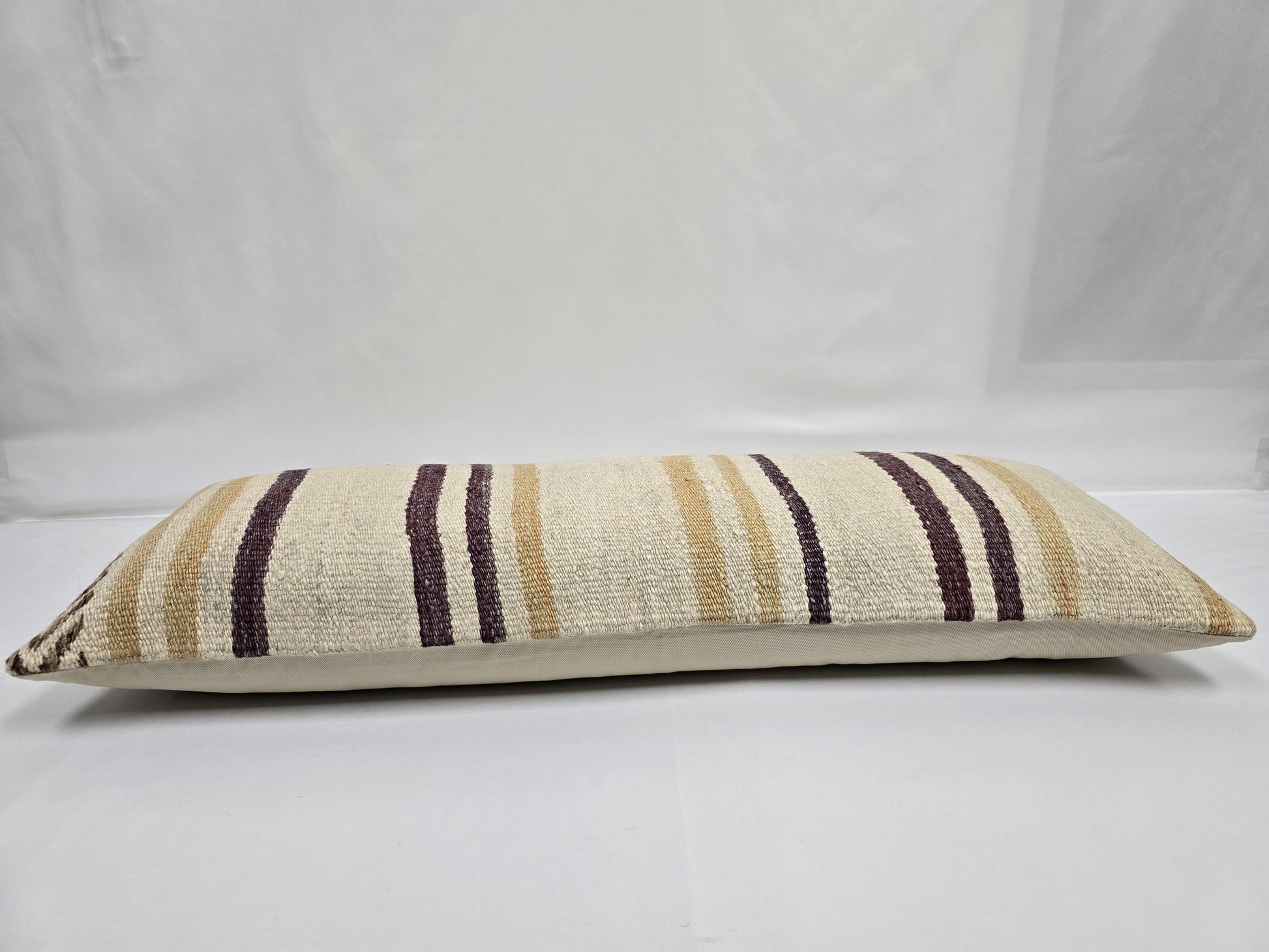 Turkish Lumbar Rug Pillow Cream Purple Cushion Cover Hemp Pillow 14" x 40" #9382