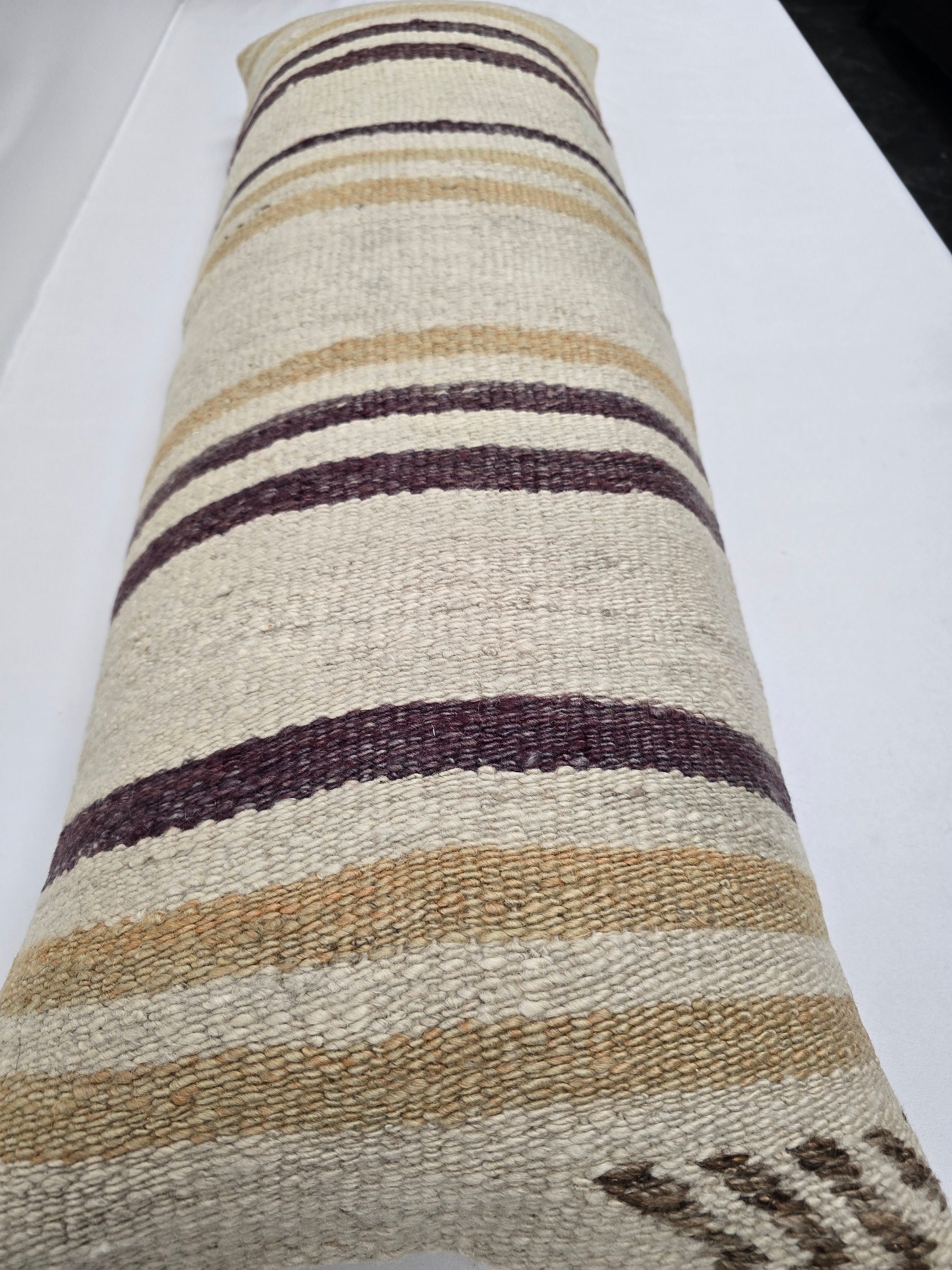 Turkish Lumbar Rug Pillow Cream Purple Cushion Cover Hemp Pillow 14" x 40" #9382