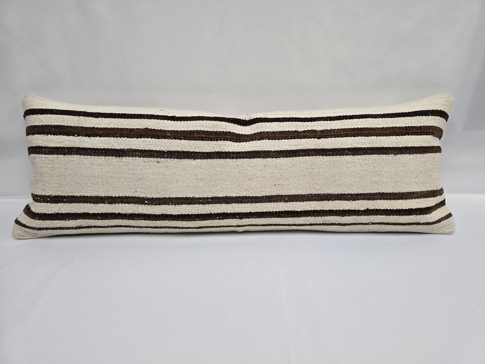 Turkish Lumbar Rug Pillow Cream Brown Cushion Cover Hemp Pillow 14" x 40" #9380