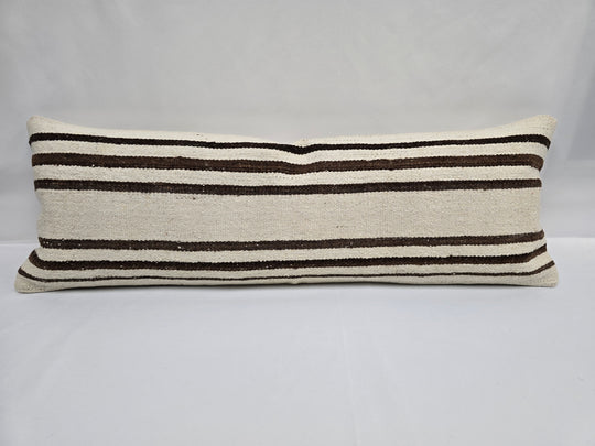 Turkish Lumbar Rug Pillow Cream Brown Cushion Cover Hemp Pillow 14" x 40" #9380