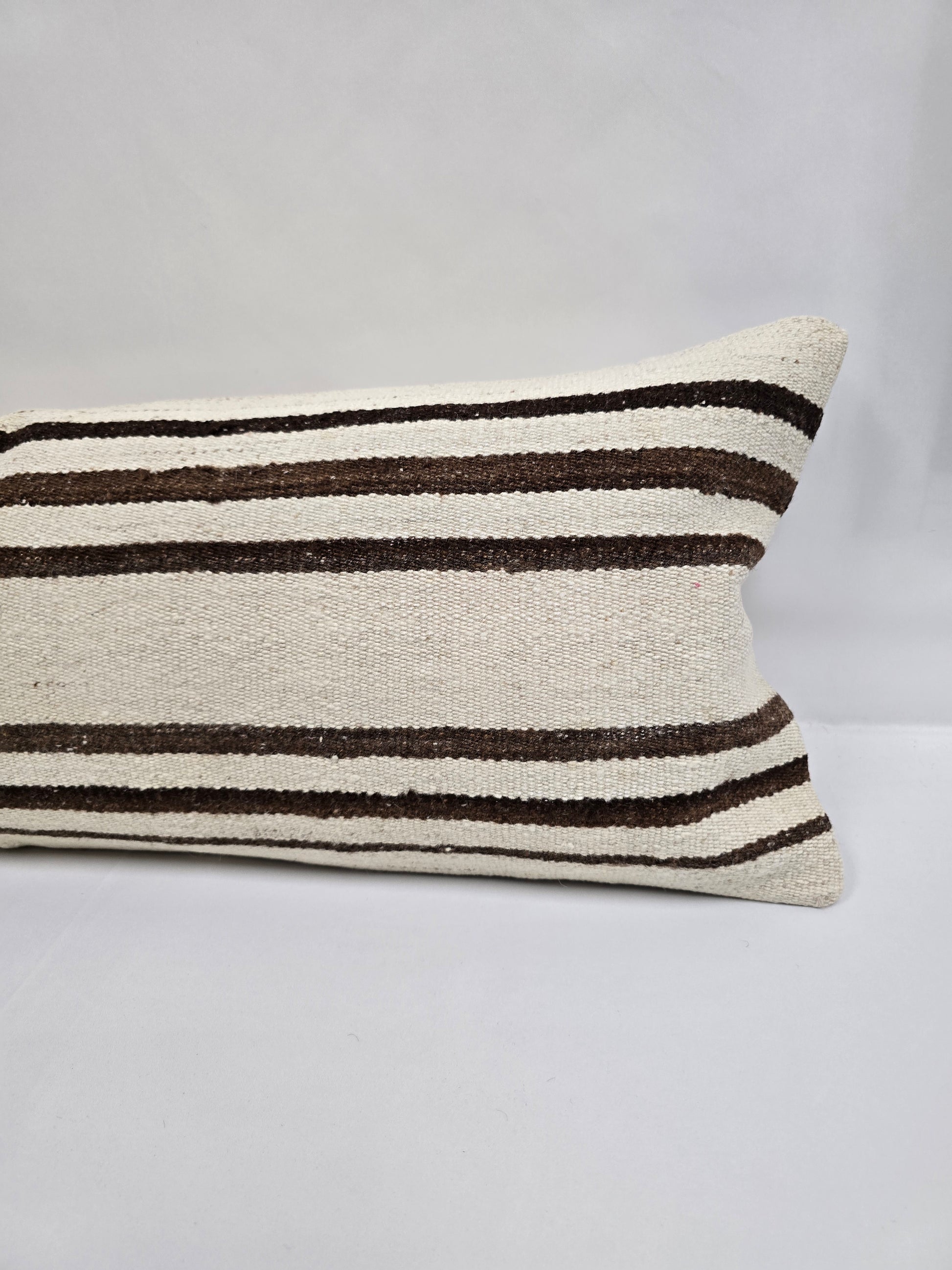 Turkish Lumbar Rug Pillow Cream Brown Cushion Cover Hemp Pillow 14" x 40" #9380