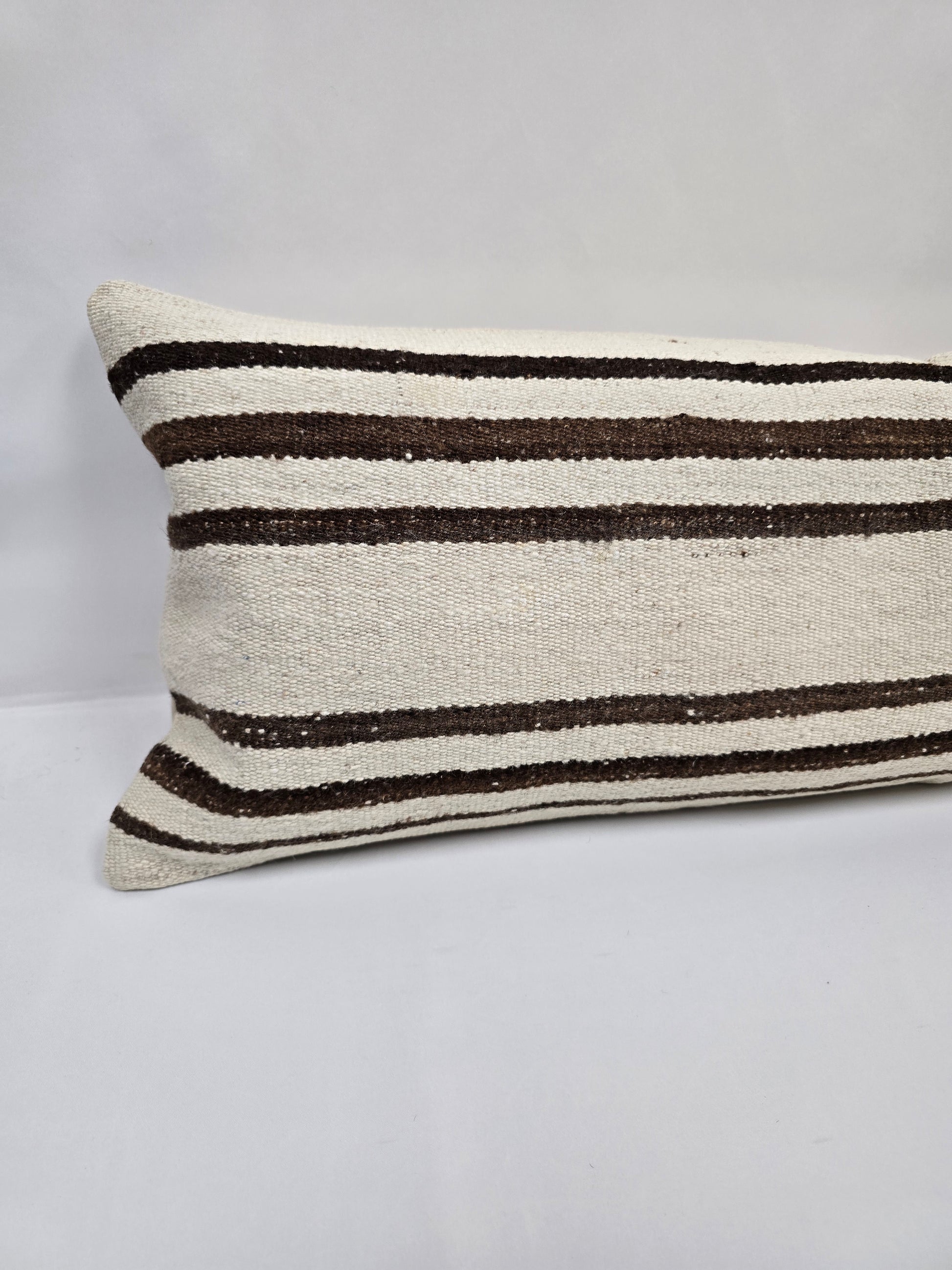 Turkish Lumbar Rug Pillow Cream Brown Cushion Cover Hemp Pillow 14" x 40" #9380
