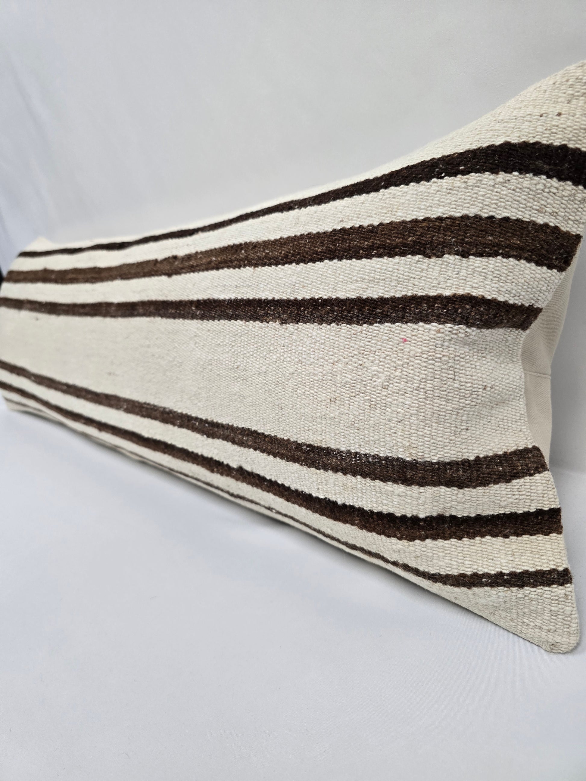 Turkish Lumbar Rug Pillow Cream Brown Cushion Cover Hemp Pillow 14" x 40" #9380