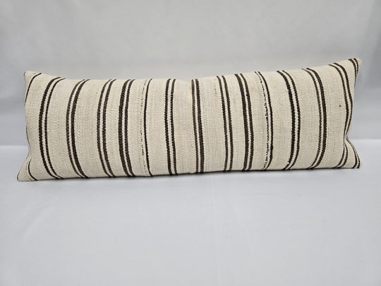 Turkish Lumbar Rug Pillow Cream Black Cushion Cover Hemp Pillow 14" x 40" #9379