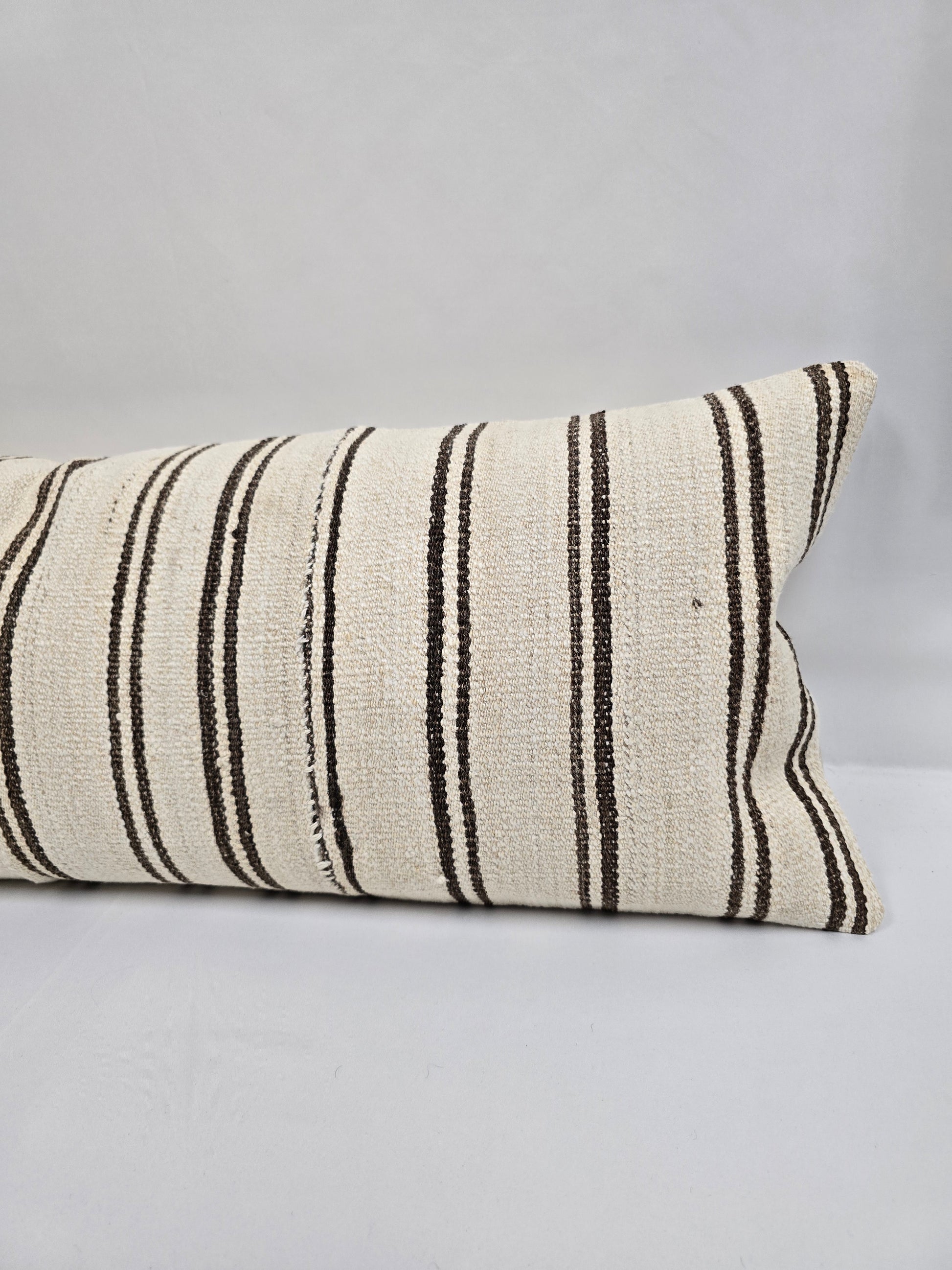 Turkish Lumbar Rug Pillow Cream Black Cushion Cover Hemp Pillow 14" x 40" #9379