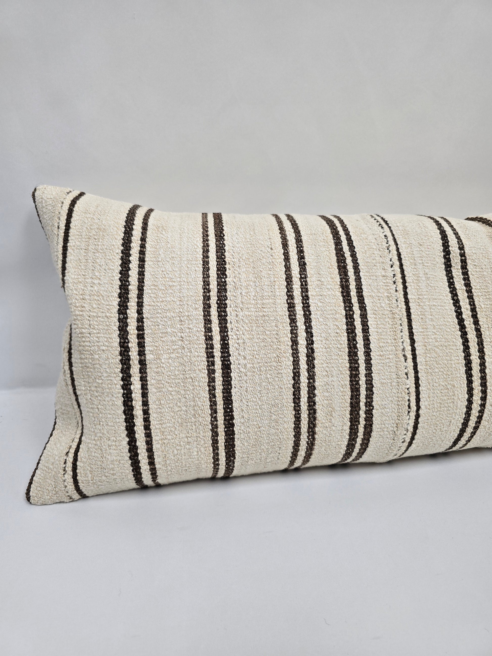 Turkish Lumbar Rug Pillow Cream Black Cushion Cover Hemp Pillow 14" x 40" #9379