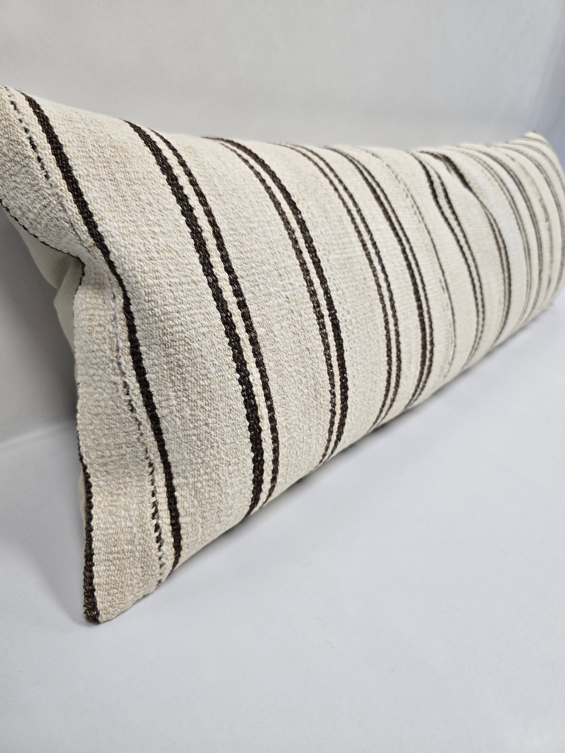 Turkish Lumbar Rug Pillow Cream Black Cushion Cover Hemp Pillow 14" x 40" #9379