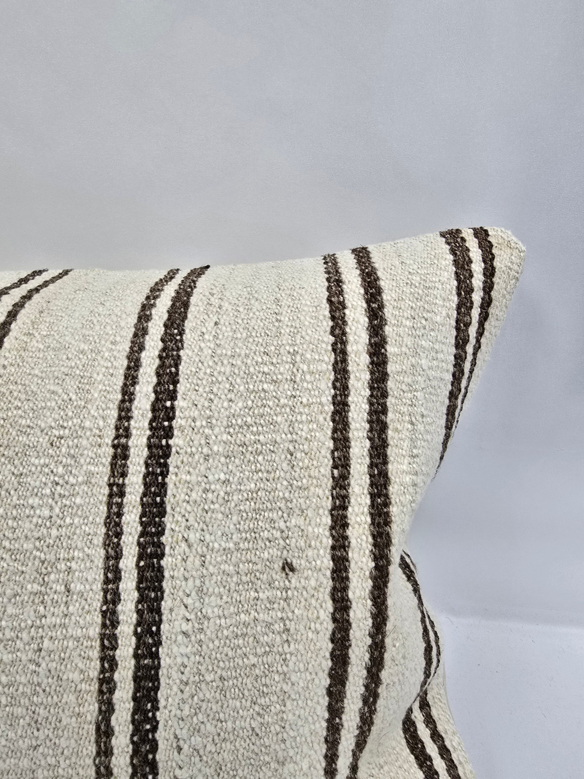Turkish Lumbar Rug Pillow Cream Black Cushion Cover Hemp Pillow 14" x 40" #9379