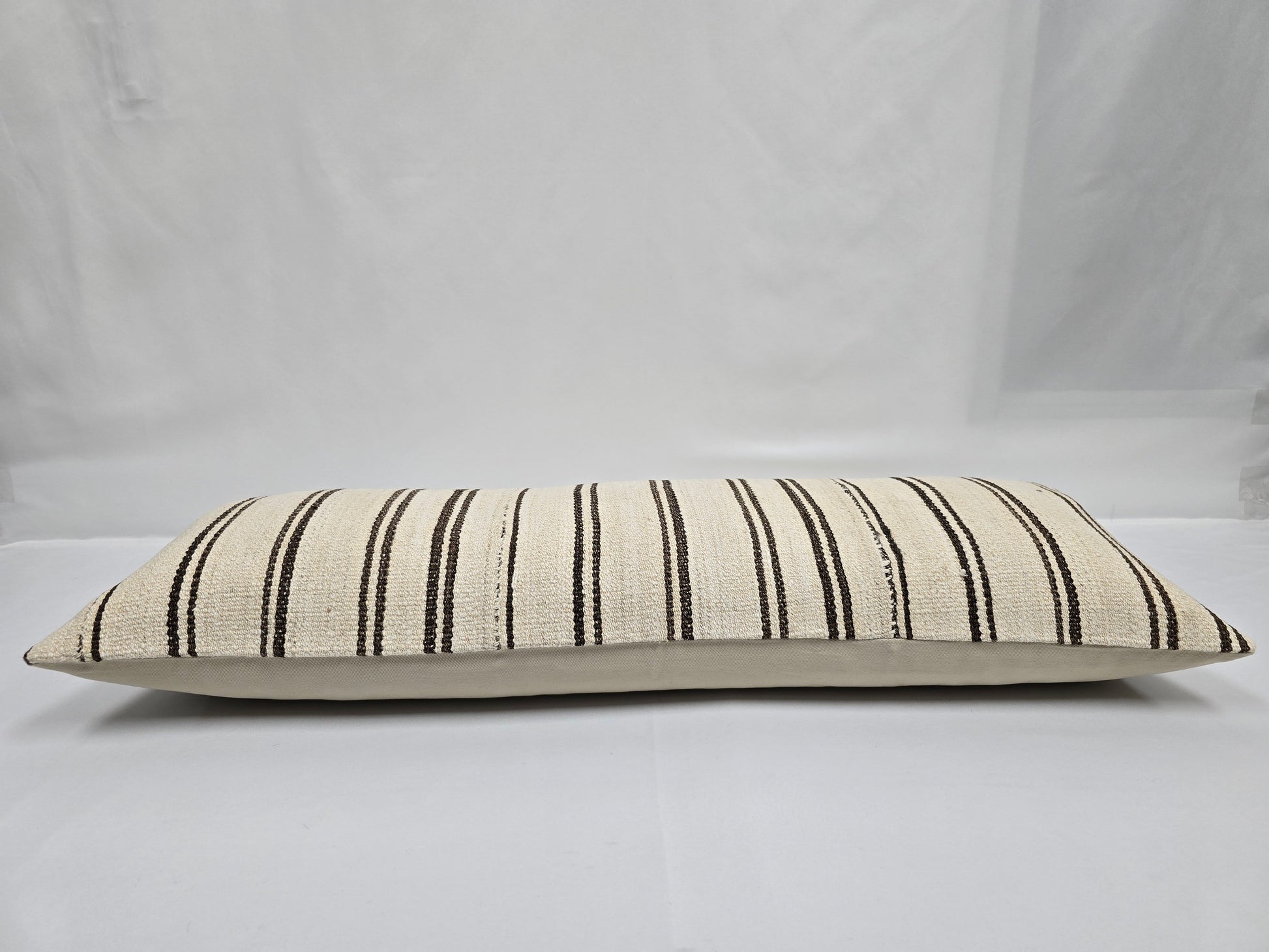 Turkish Lumbar Rug Pillow Cream Black Cushion Cover Hemp Pillow 14" x 40" #9379