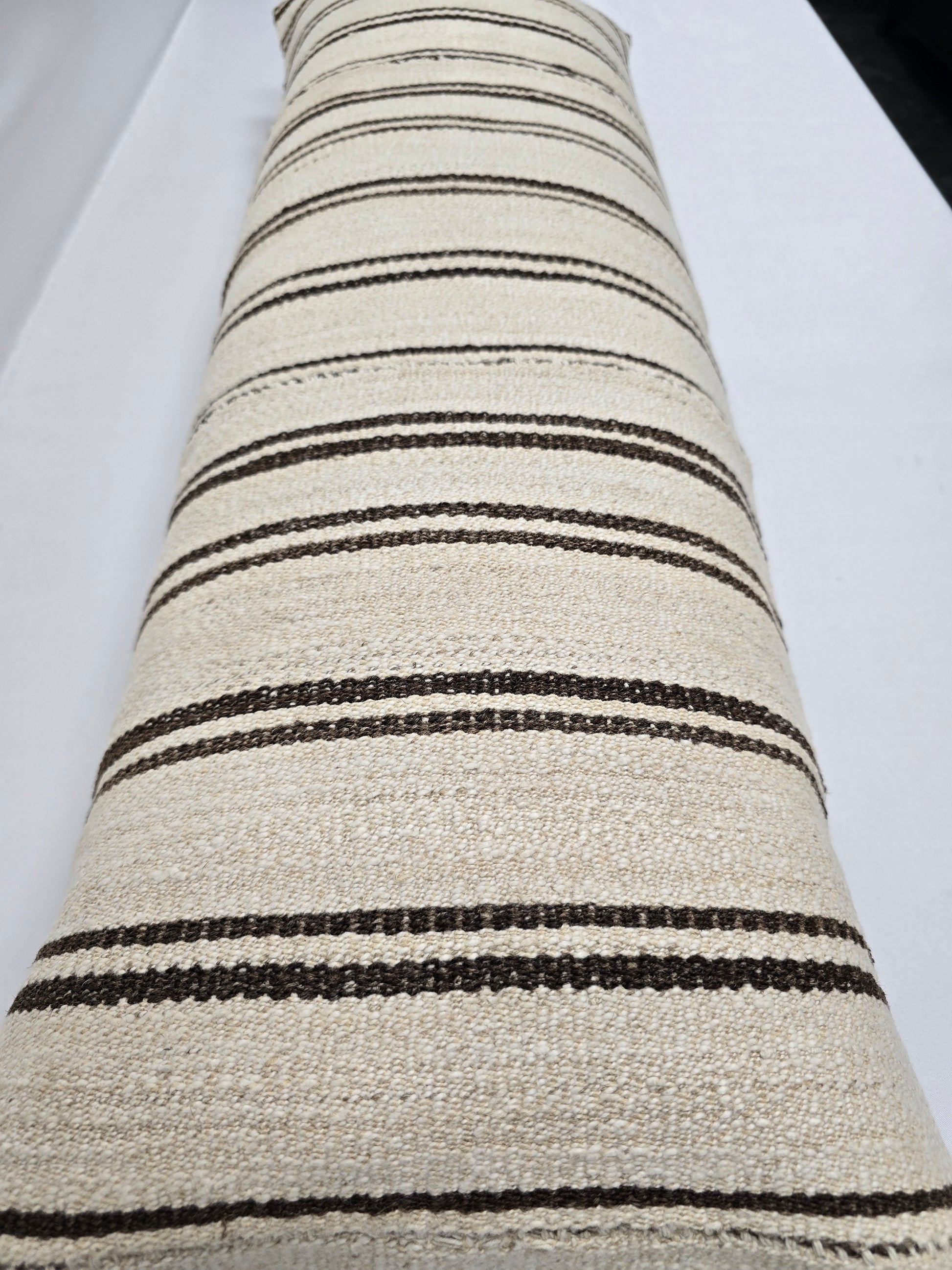 Turkish Lumbar Rug Pillow Cream Black Cushion Cover Hemp Pillow 14" x 40" #9379