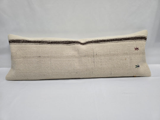 Turkish Lumbar Rug Pillow Cream Brown Red Green Cushion Cover Hemp Pillow 14" x 40" #9376