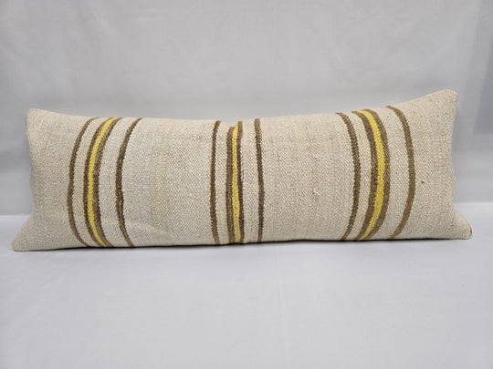 Turkish Lumbar Rug Pillow Cream Brown Yellow Cushion Cover Hemp Pillow 14" x 40" #9375