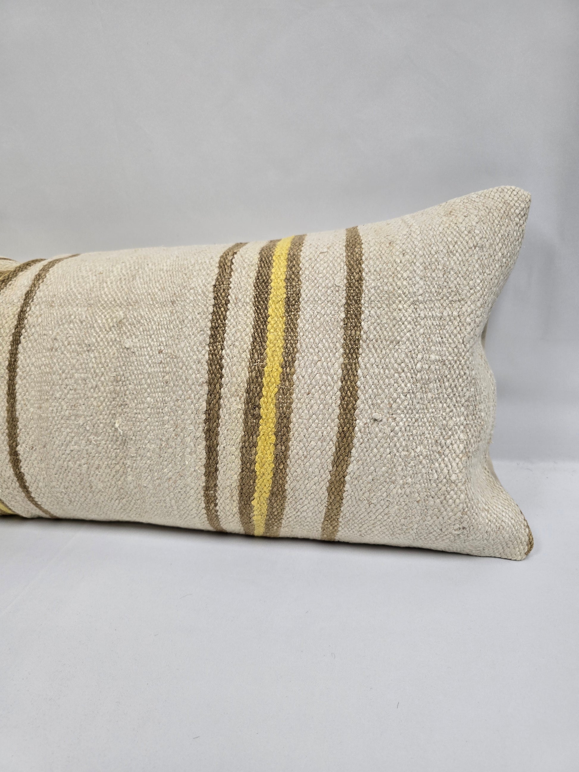 Turkish Lumbar Rug Pillow Cream Brown Yellow Cushion Cover Hemp Pillow 14" x 40" #9375