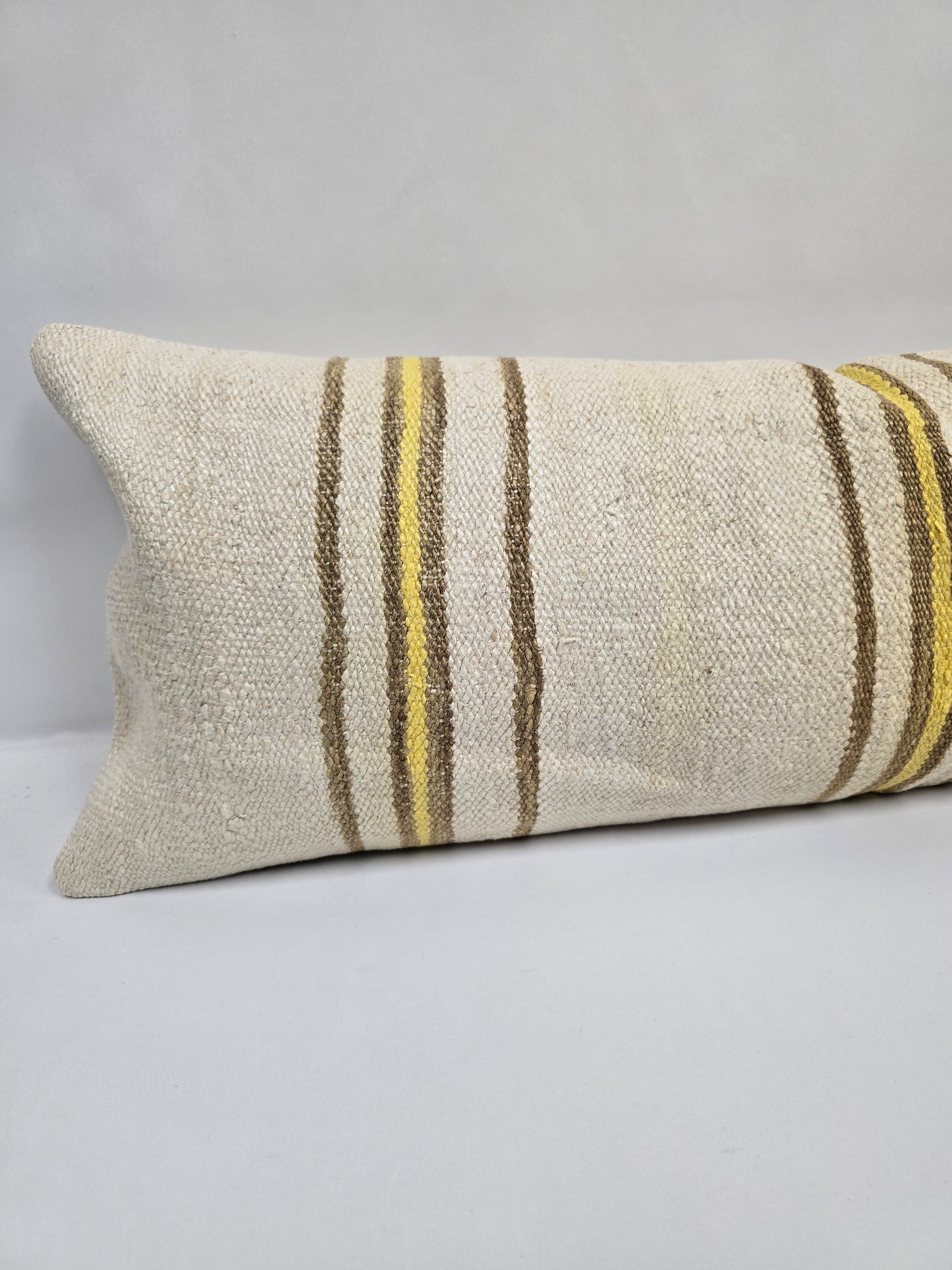 Turkish Lumbar Rug Pillow Cream Brown Yellow Cushion Cover Hemp Pillow 14" x 40" #9375