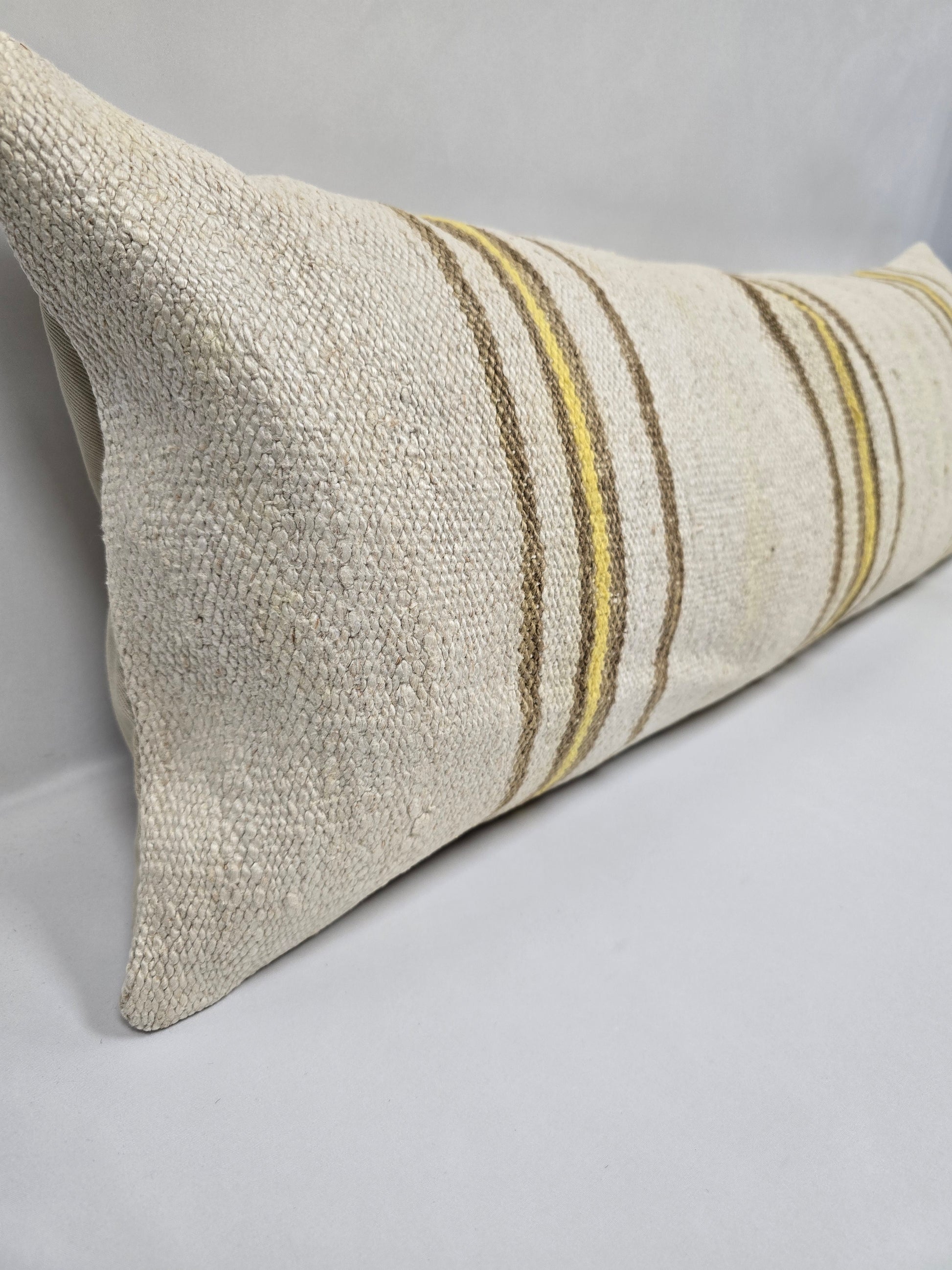 Turkish Lumbar Rug Pillow Cream Brown Yellow Cushion Cover Hemp Pillow 14" x 40" #9375