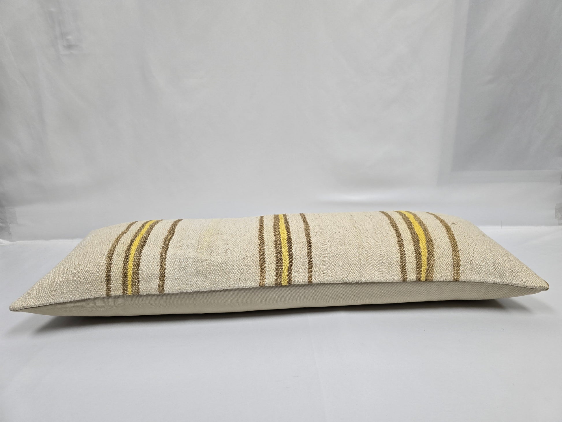 Turkish Lumbar Rug Pillow Cream Brown Yellow Cushion Cover Hemp Pillow 14" x 40" #9375